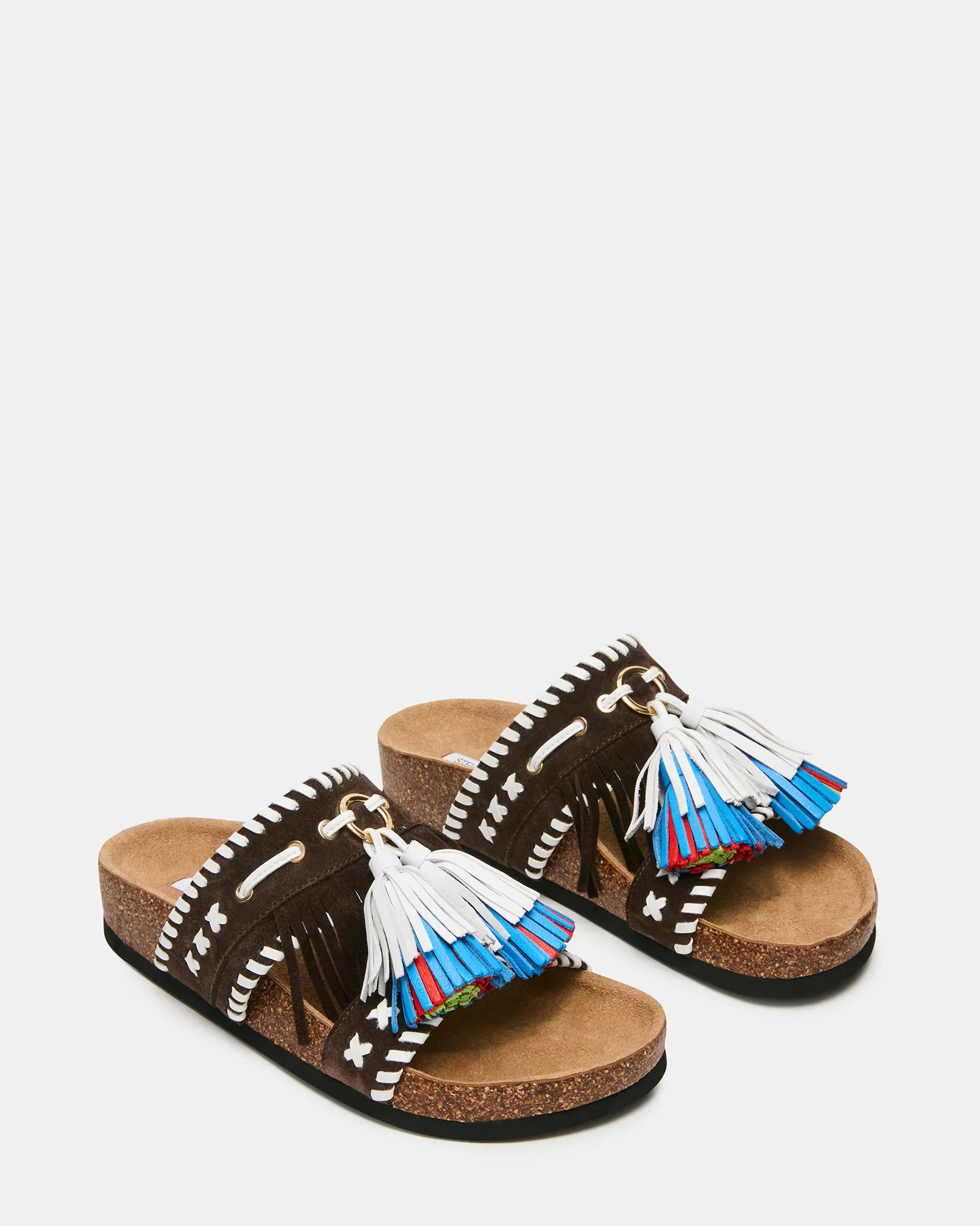 LESTER Brown Multi Footbed Slide Tassel Fringe Women's Sandal | Steve Madden (US)