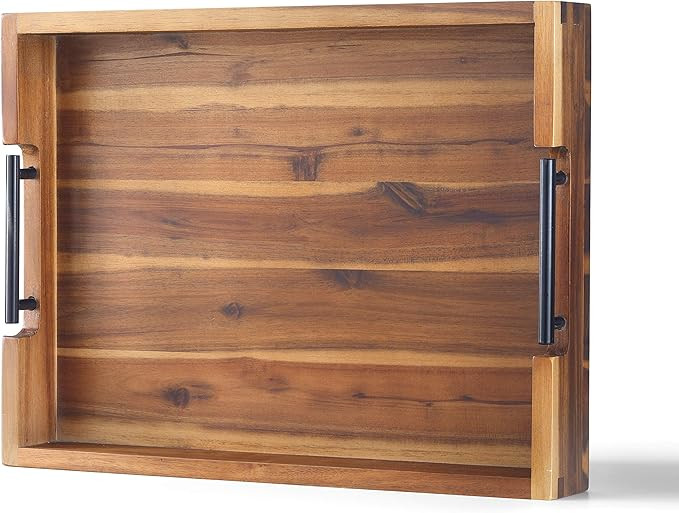 Ottoman Tray, 16.5"x12.5" Acacia Wood Serving Tray with Black Metal Handles, Great for Ottoman Tr... | Amazon (US)