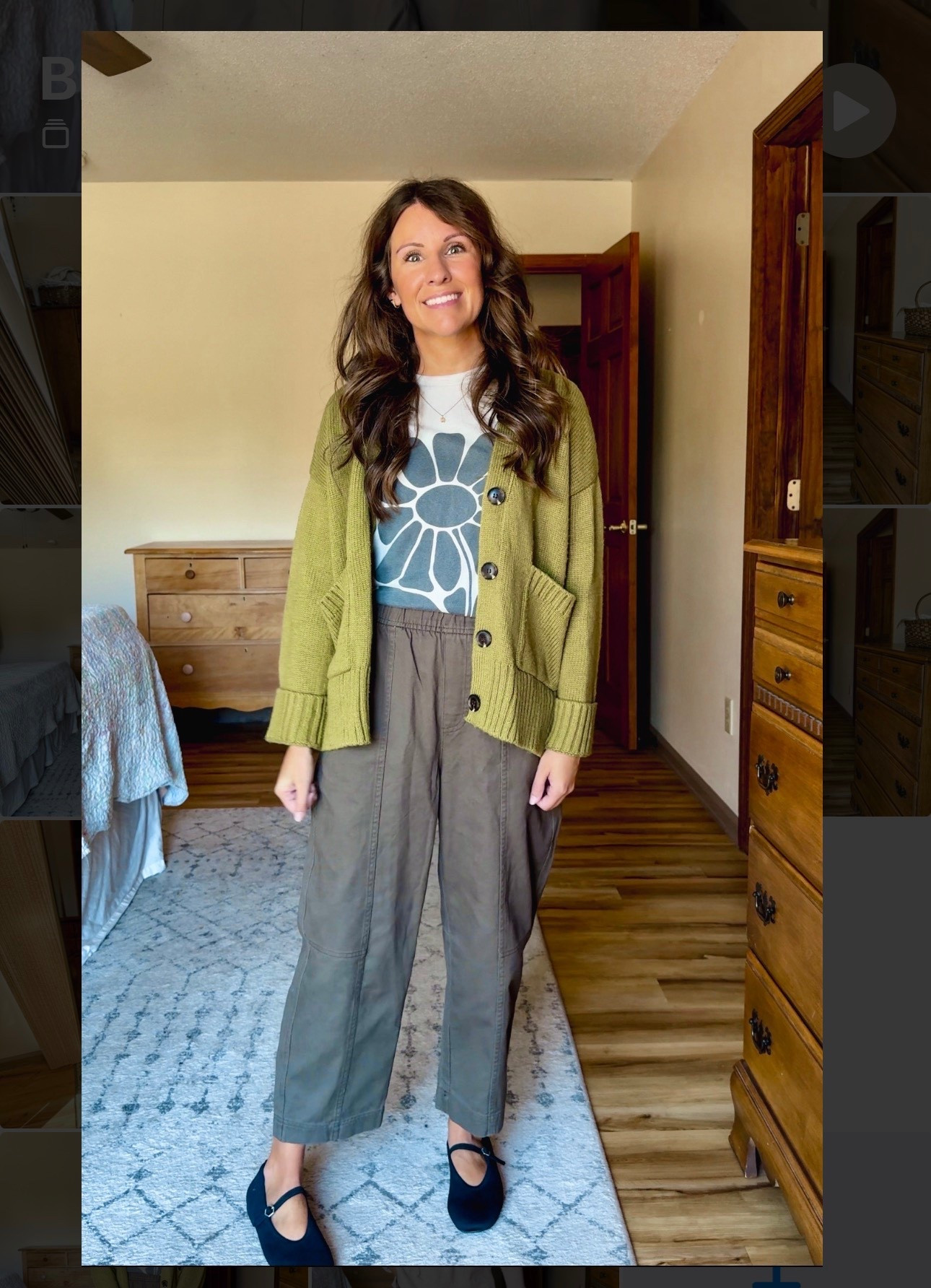 a graphic tee (small), a green cardigan (xs) and the brown barrel pants with black mary-jane flats (I sized up to a 7). I love the fun pop of green with the brown pants.

#LTKSeasonal #LTKPetite #LTKStyleTip