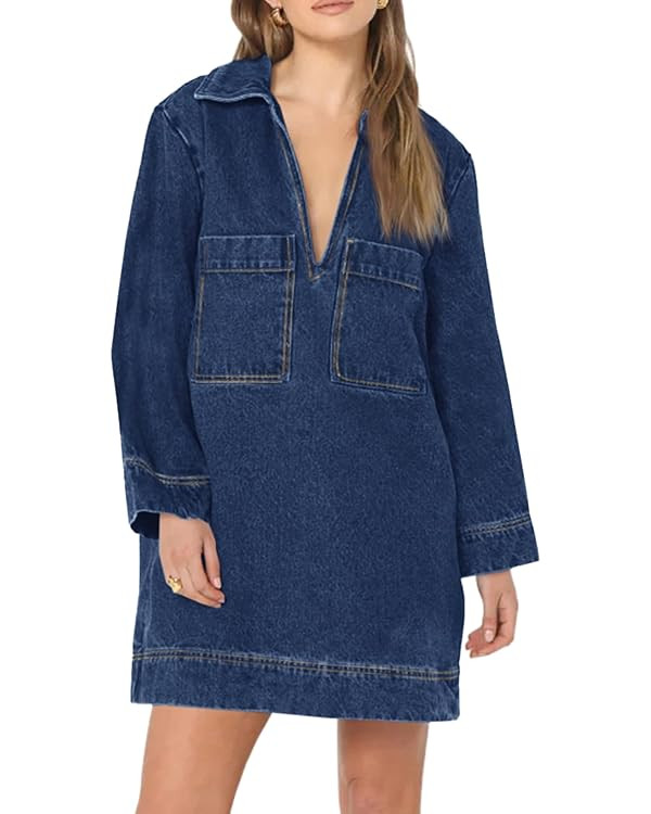 Wenrine Denim Shirt Dress, Loose Casual Mini Dress | Amazon (US)
