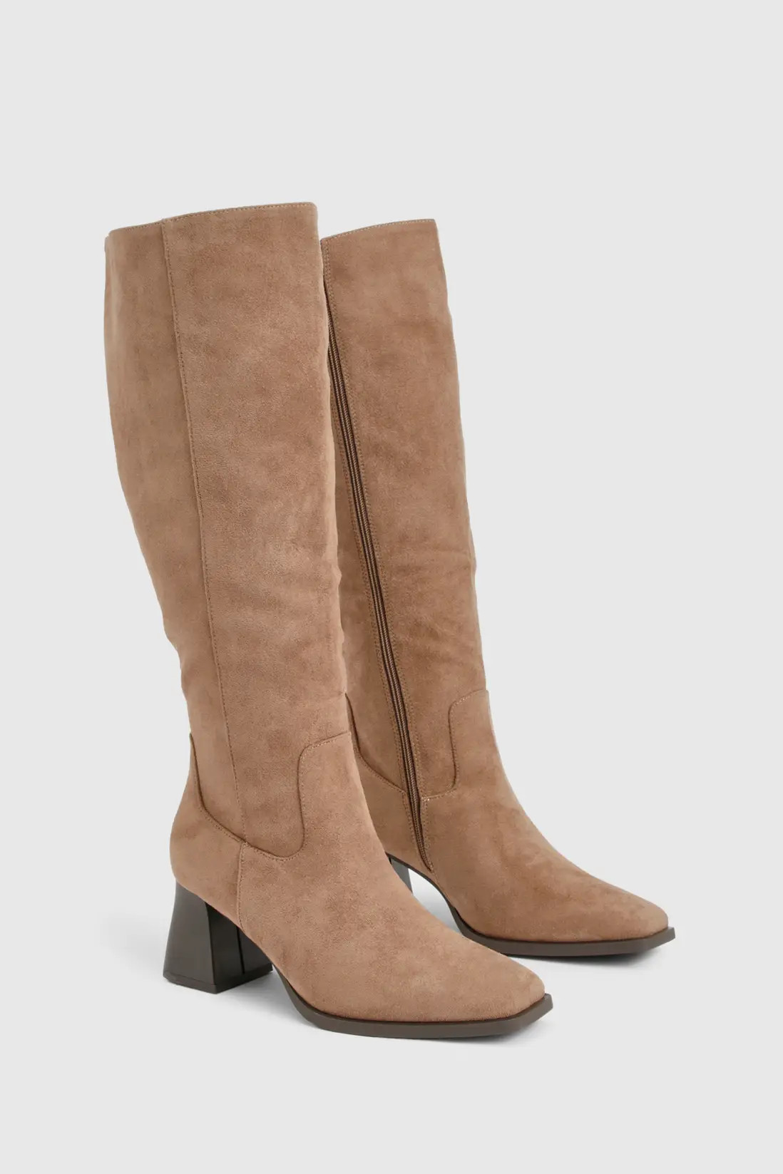 Faux Suede Knee High Flared Heel Boots | Boohoo.com (UK & IE)