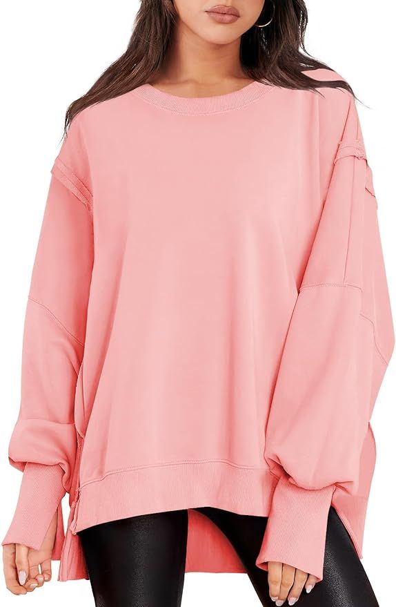 LOGENE Women's Oversized Sweatshirt Crew Neck Long Sleeve Casual Slit Pullover Tops 2023 Fall Clo... | Amazon (US)