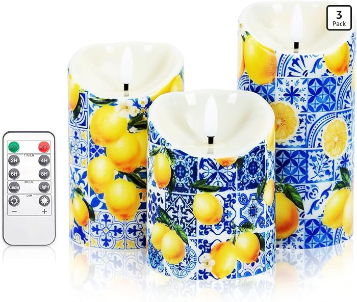 3 Pcs Capri Blue White Lemon Flameless Candles Battery Operated LED Mediterranean Blue White Flic... | Amazon (US)