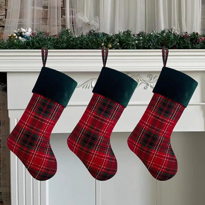 3 Pack Buffalo Plaid Christmas Stockings, 20 Inch Large Red & Green Checked Xmas Stocking for for... | Amazon (US)