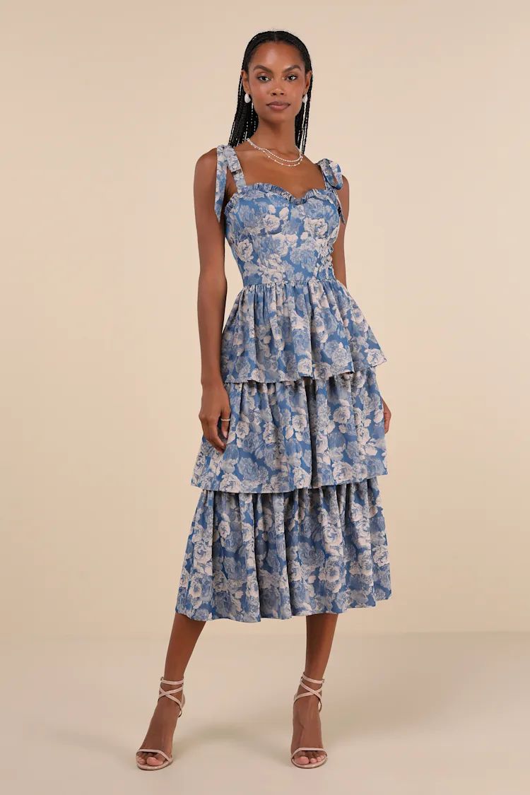 Lovely Bliss Blue Floral Jacquard Strapless Bustier Midi Dress | Lulus