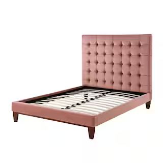 Telford Blush Queen Size Platform Bed Upholstered Tufted Velvet | The Home Depot