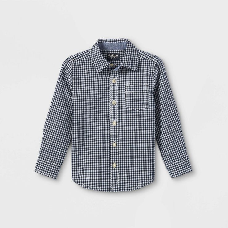 OshKosh B'gosh Toddler Boys' Check Woven Long Sleeve Button-Down Shirt - Navy Blue | Target