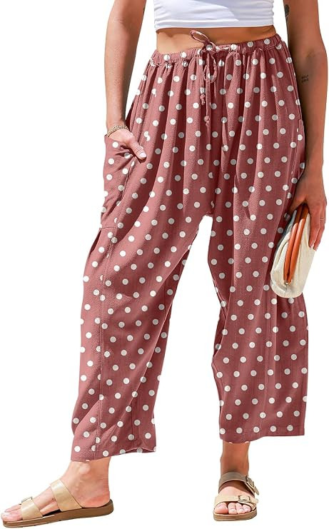 TARSE Women's Linen Wide Leg Pants Baggy Palazzo Harem Pants with Pocket | Loose fit Polka Dot, C... | Amazon (US)
