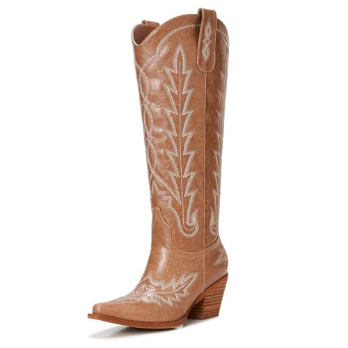Orlynx Camel Cowboy Boots For Women - Western Knee High Cowgirl Boots with Snip Toe, 3" Wood Grain Block Heel, Slip-On & Side Zipper | Classic Western Embroidered Design Size 11 | Amazon (US)