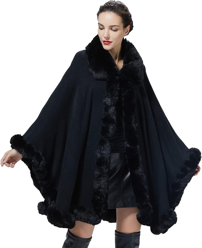 Poncho Shawl Wrap Winter Faux Fur Cape Cloak Coat with Faux Fur Trim Sleeveless Cardigan for Part... | Amazon (US)