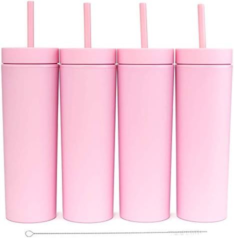 SKINNY TUMBLERS (4 pack) Matte Pastel Colored Acrylic Tumblers with Lids and Straws | 16oz Double Wa | Amazon (US)