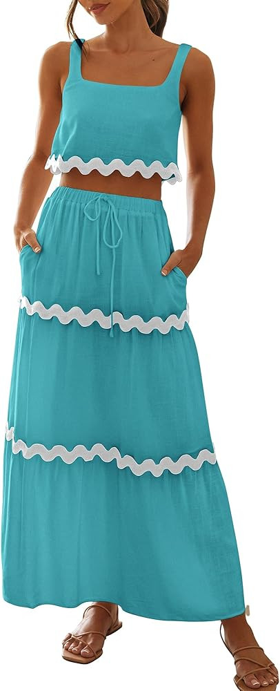 BTFBM Women Summer 2 Piece Beach Vacation Outfits Casual Sleeveless Crop Tops High Waisted Maxi S... | Amazon (US)