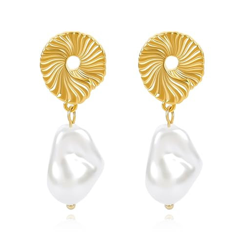 Gold Shell Pearl Earrings for Women Boho Dangle Seashell Baroque Pearl Earrings 14K Gold Plated Bohemian Drop Irregular Simulated Pearl Conch Earrings Summer Beach Ocean Jewelry Gifts for Her | Amazon (US)
