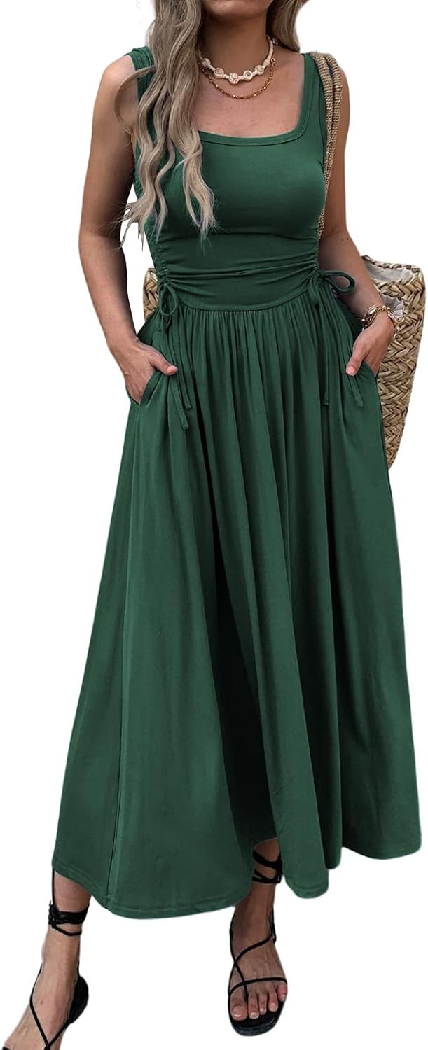 Mieazom Women’s Boho Summer Maxi Dress with Pockets, Adjustable Waist, Sleeveless Casual Ruched Sundress for Beach Vacation | Amazon (US)