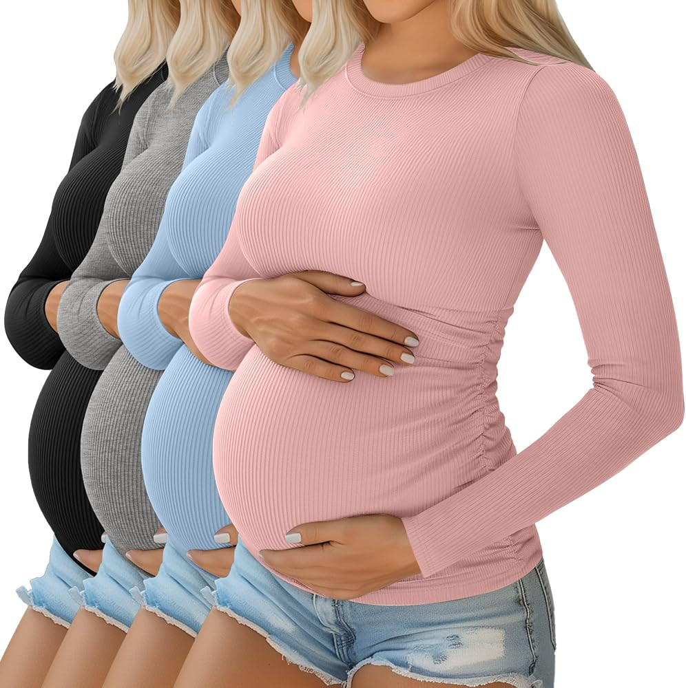 Ficerd 4 Pack Women's Maternity Shirts Cotton Long Sleeve Ribbed Crew Neck Pregnancy Tops Side Ru... | Amazon (US)
