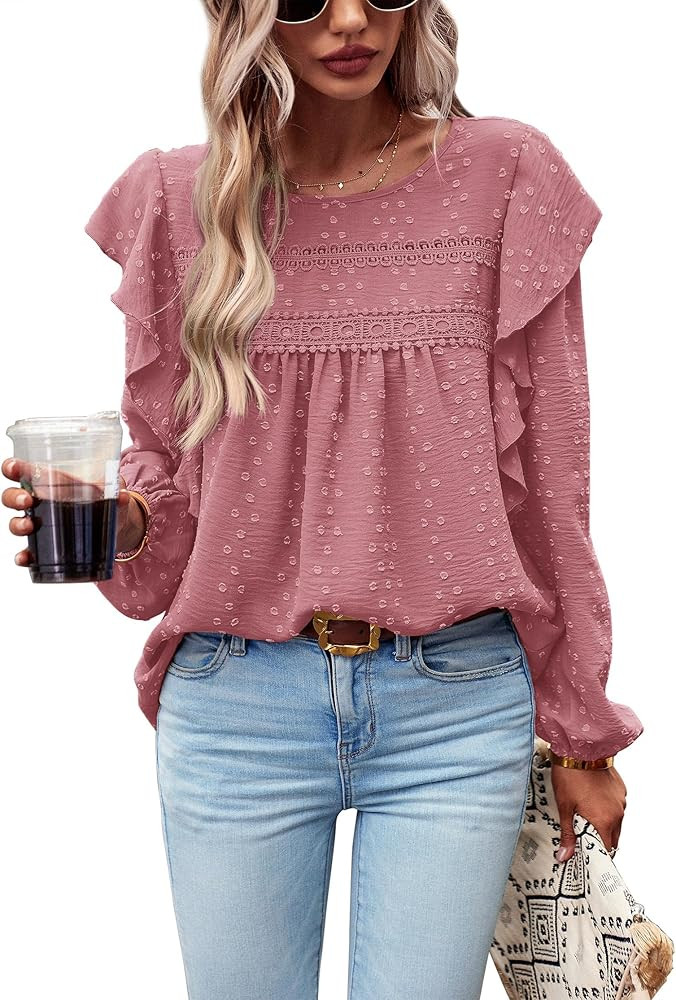 PRETTYGARDEN Women's Long Sleeve Blouses Ruffle Swiss Dot Crochet Loose Fit Tunic Dressy Casual T... | Amazon (US)