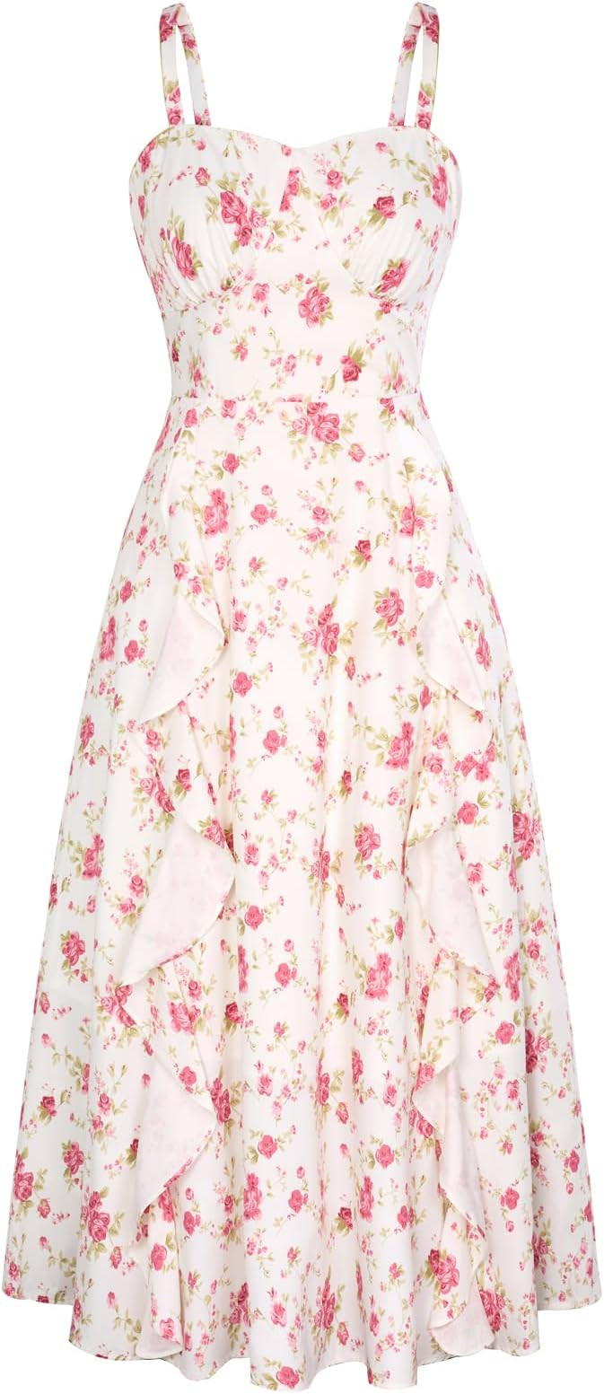 Belle Poque Sun Dresses for Women Spring Summer Floral Midi Flowy Spaghetti Ruffle Wedding Guest ... | Amazon (US)