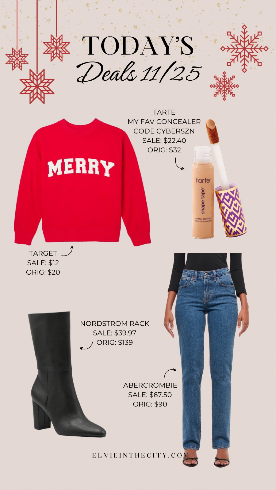Today’s deals include a holiday sweatshirt from Target, Tarte Cosmetics Shape Tape (use code CYBERSZN for discount), ankle boots from Nordstrom Rack, and jeans from Abercrombie.

Ootd, holiday outfit, fashion over 40, midlife fashion, fashion over 50, deal of the day, Black Friday

#LTKStyleTip #LTKSaleAlert #LTKFindsUnder50