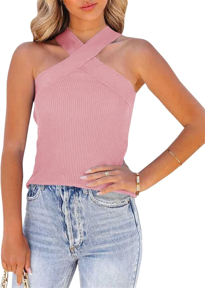 Womens Criss Cross Halter Sweater Vest Tops Summer Sleeveless Pullover Casual Lightweight V Neck Kni | Amazon (US)