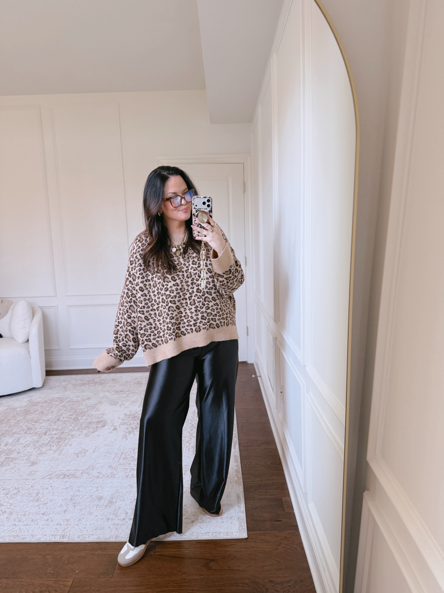 My fav satin pants.. that are wrinkle free and so pooch friendly.. perfectly paired with this cozy leopard sweater and sneakers for a laid back cool girl look.. 

#LTKMidsize #LTKootd #LTKmomlife