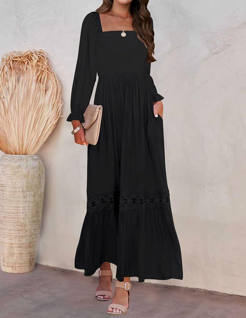 ZESICA Women's Boho Long Sleeve Square Neck Smocked High Waist Flowy A Line Lace Trim Maxi Dress | Amazon (US)