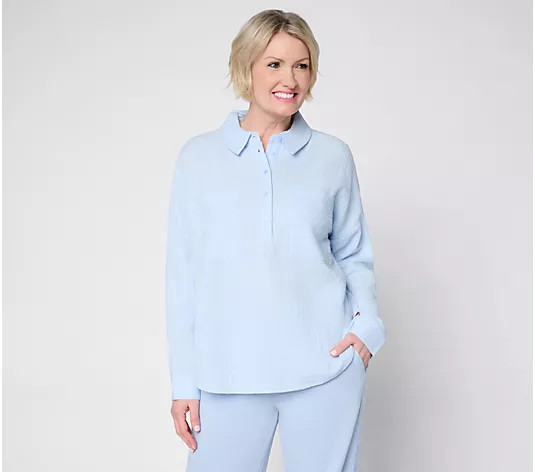 Peace Love World Cotton Gauze Long Sleeve Polo Top - QVC.com | QVC