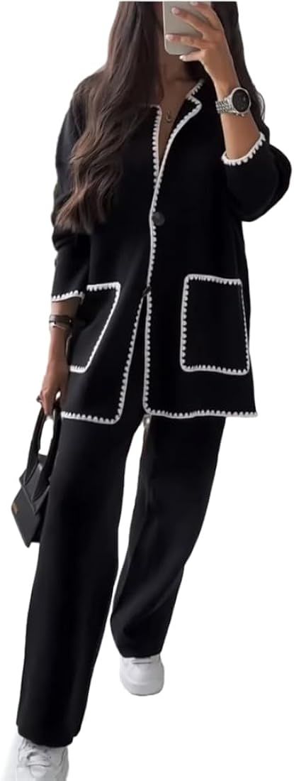 HOULENGS Women's 2 Piece Outfits Button Down Contrast Cardigan Sets Wide Leg Long Pants Lounge Se... | Amazon (US)