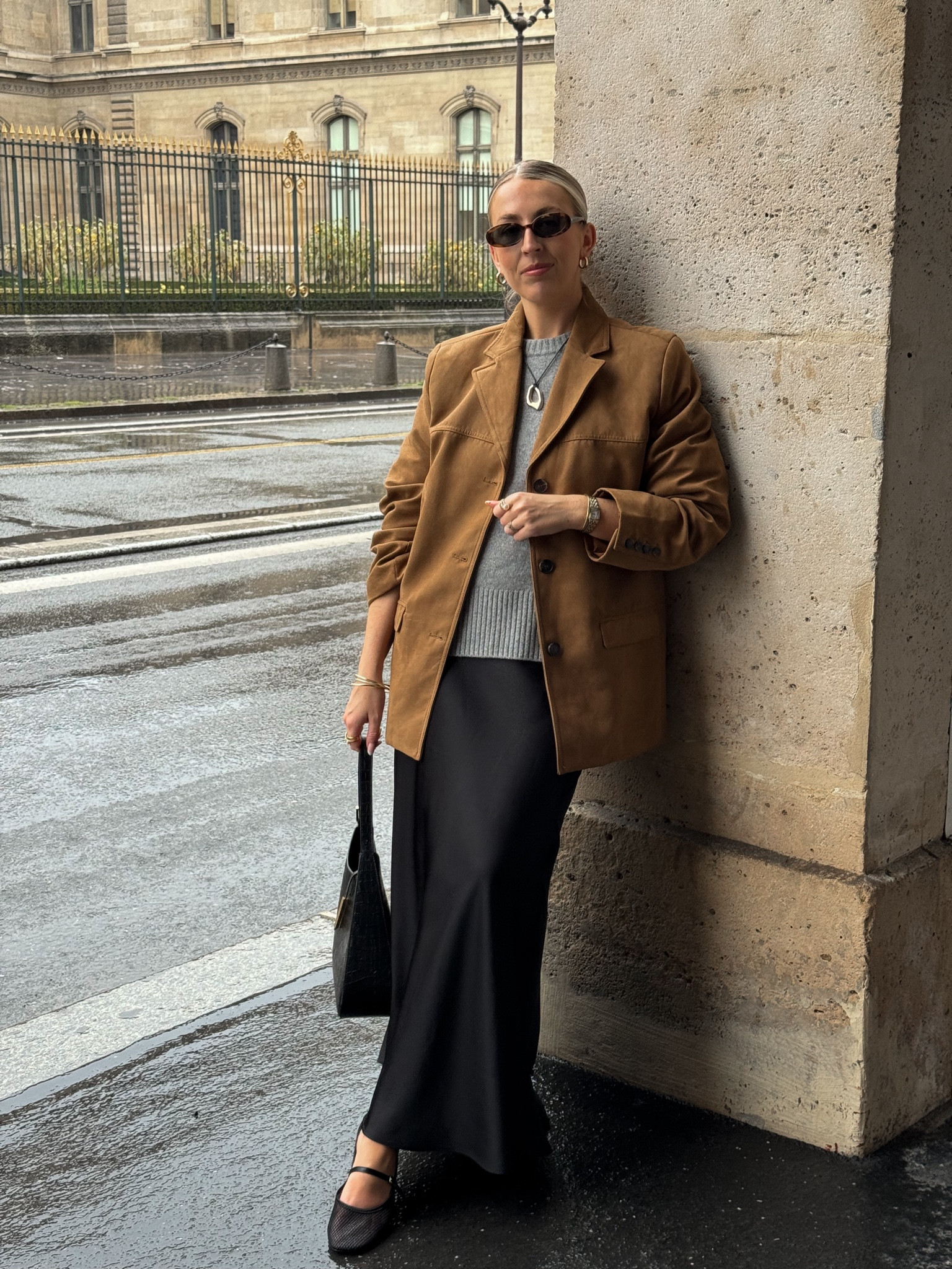 Autumn outfit, transitional outfit, blazer, stain midi skirt, grey jumper, necklace, ballet pumps, Le Specs sunglasses, Demellier bag, ASOS, H&M, Mango, & Other Stories#FashionMonth 

#LTKautumn #LTKuk