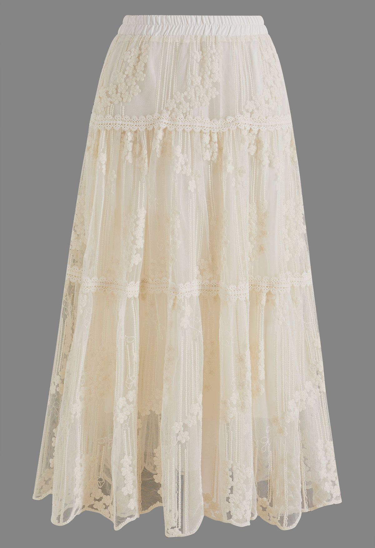 Floret Embroidered Tiered Lace Trim Tulle Maxi Skirt for Garden Parties & Bridal Showers | Chicwish