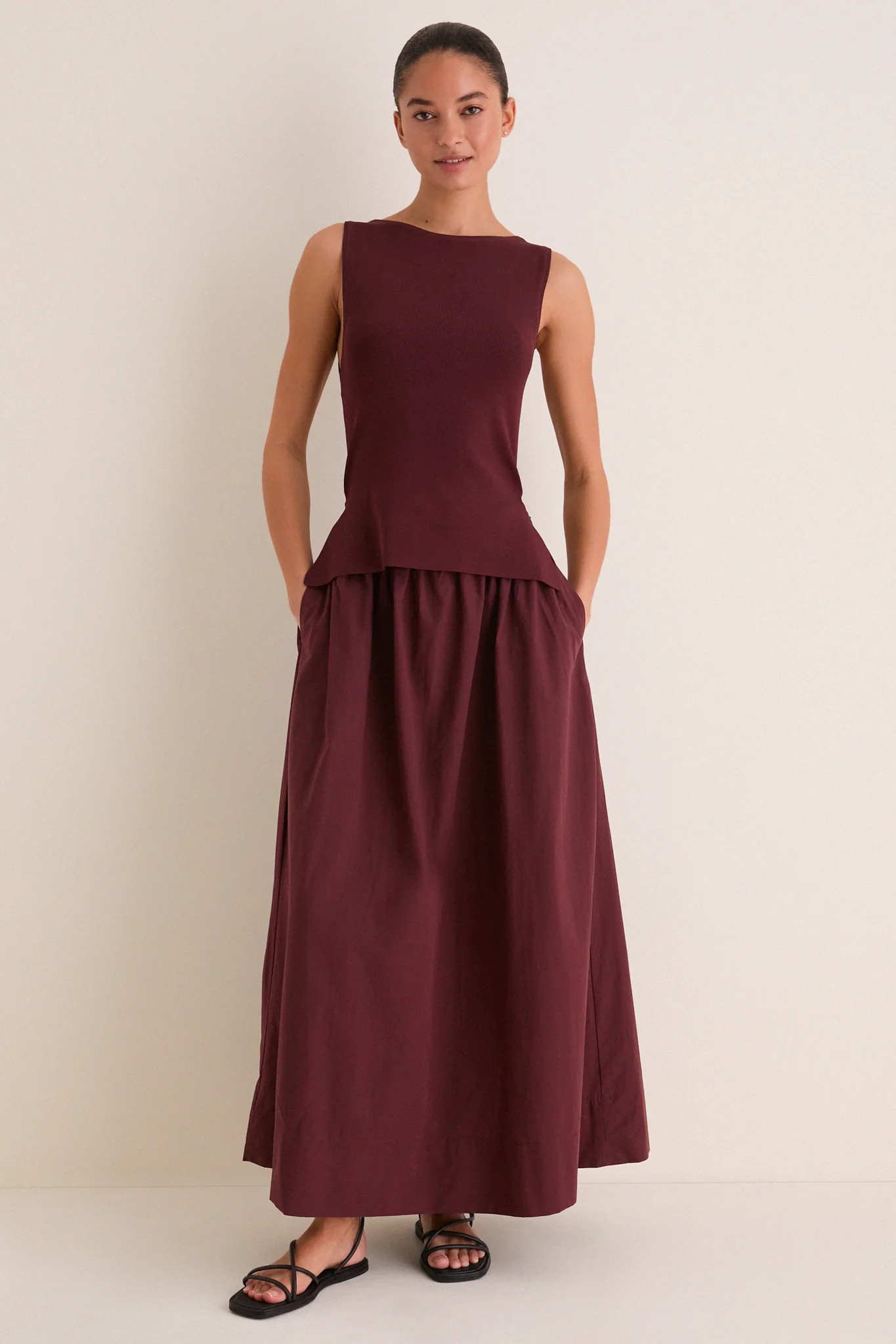 Dark Cherry Boatneck Mix Media Midi Dress | Tuckernuck (US)