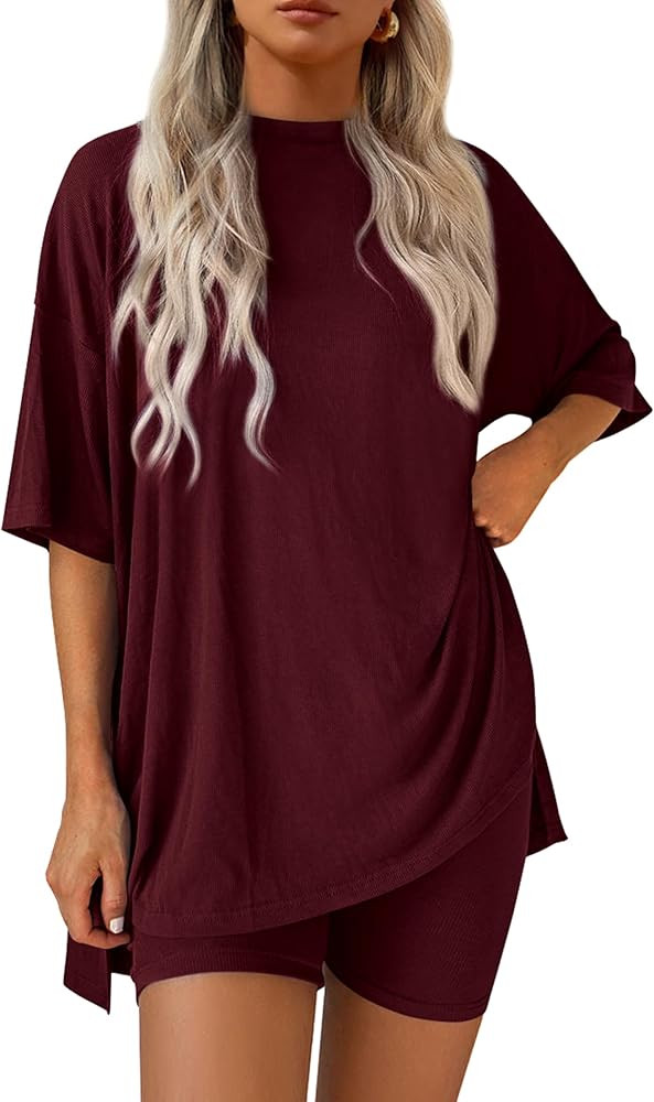 PRETTYGARDEN Women 2 Piece Lounge Set 2026 Summer Casual Oversized Shirts Biker Shorts Matching A... | Amazon (US)