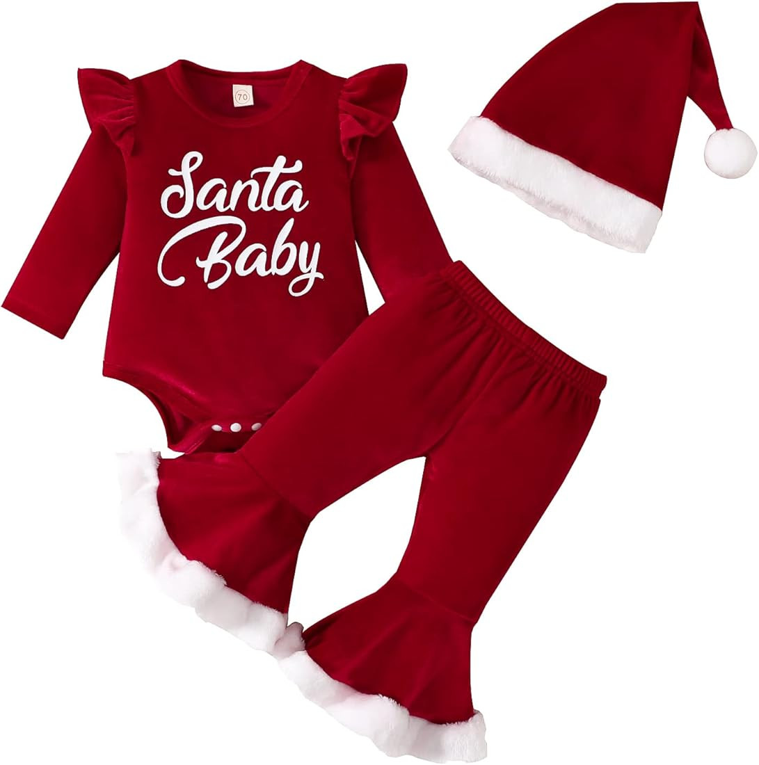My 1st Christmas Outfit Newborn Girl Santa Baby Ruffle Long Sleeve Romper+Flare Pants+Hat Red Vel... | Amazon (US)