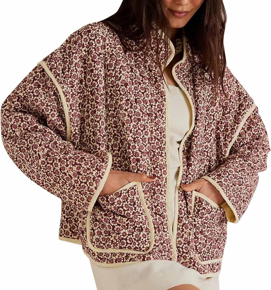 AMDBEL Womens Puffer Jacket Cropped Puffer Jacket Lightweight Floral Print Long Sleeve Padded Qui... | Amazon (CA)