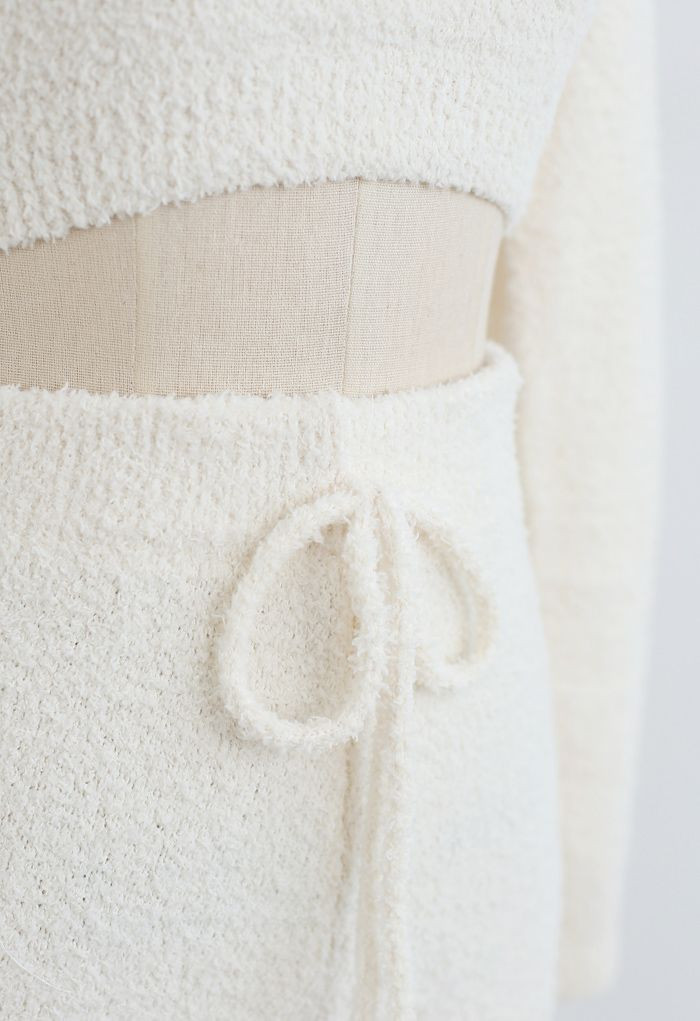 Fluffy Knit Crop Top and Drawstring Joggers Set in Cream | Chicwish