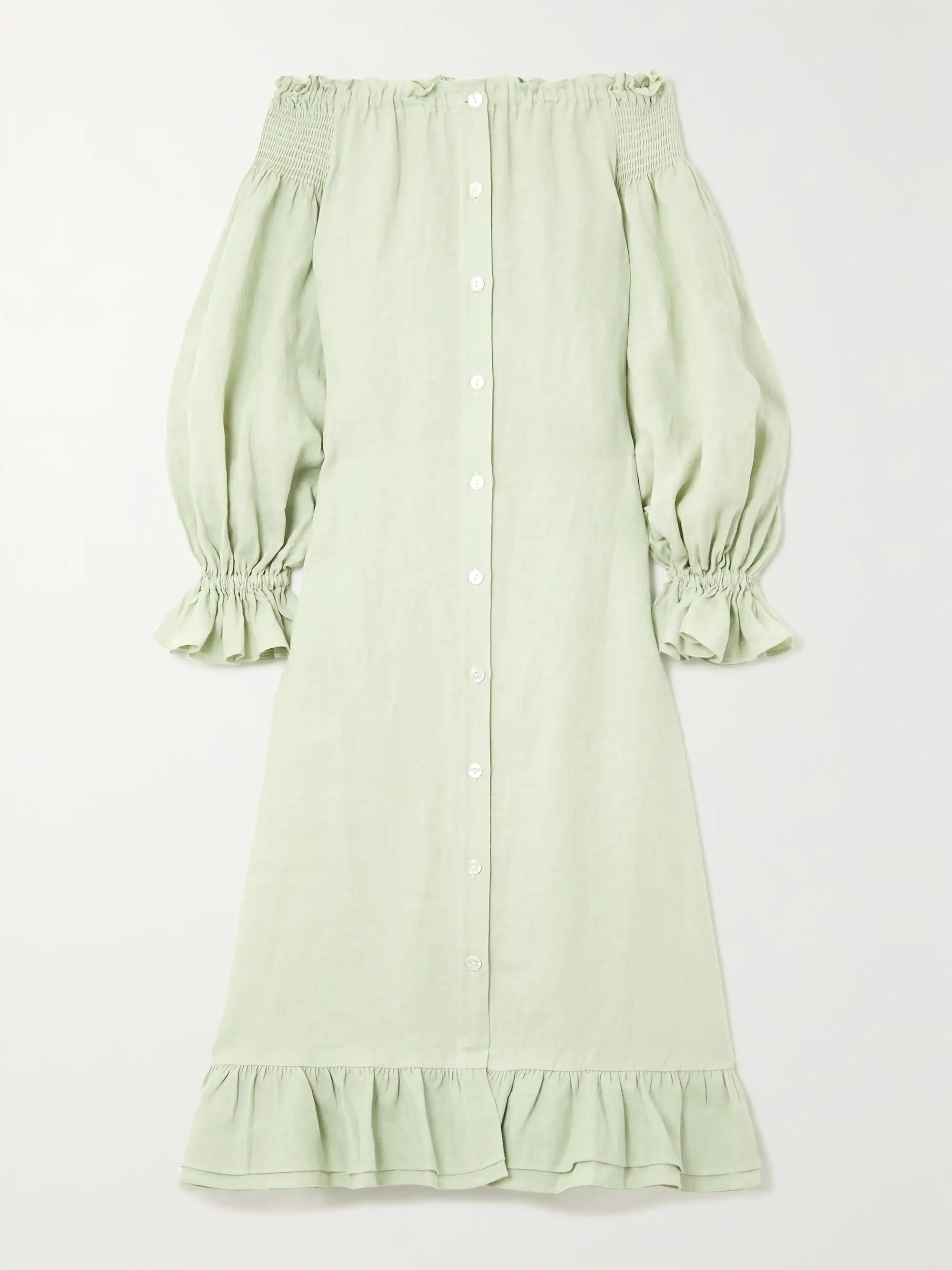 SLEEPER + NET SUSTAIN Romantica off-the-shoulder ruffled organic linen midi dress | NET-A-PORTER | NET-A-PORTER APAC