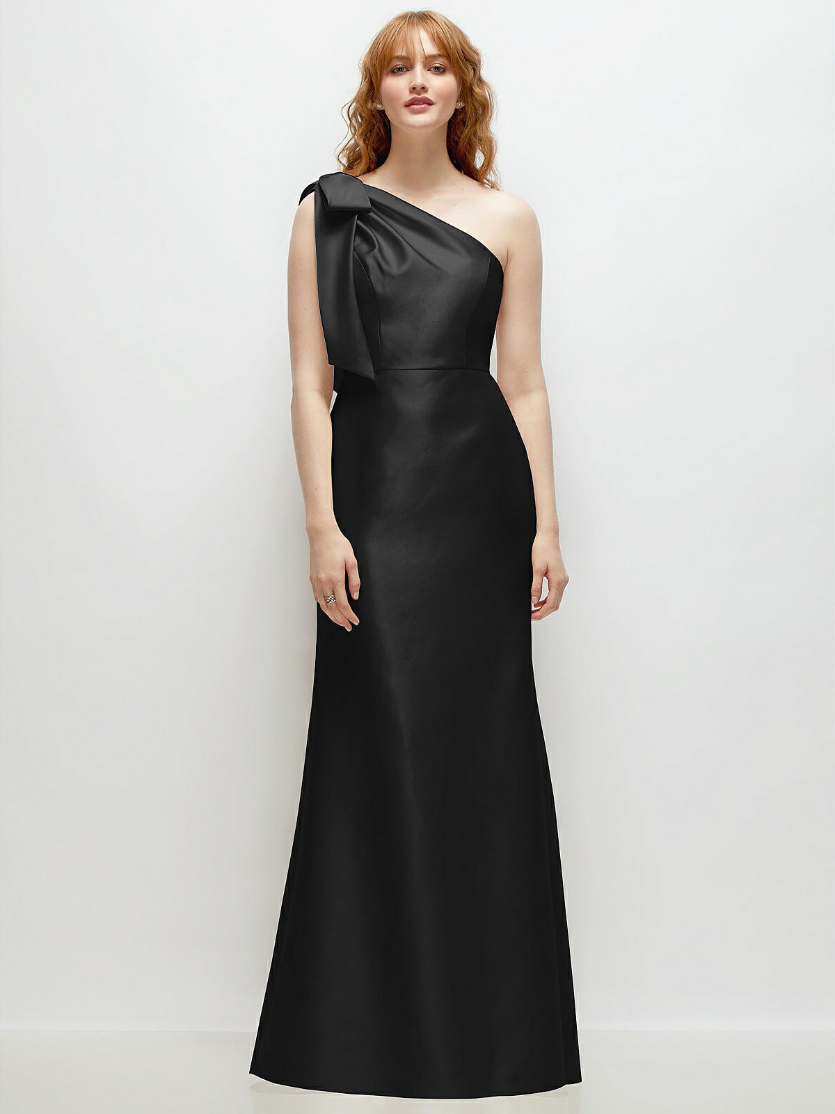 Bow One-Shoulder Satin Trumpet Gown in Black | The Dessy Group