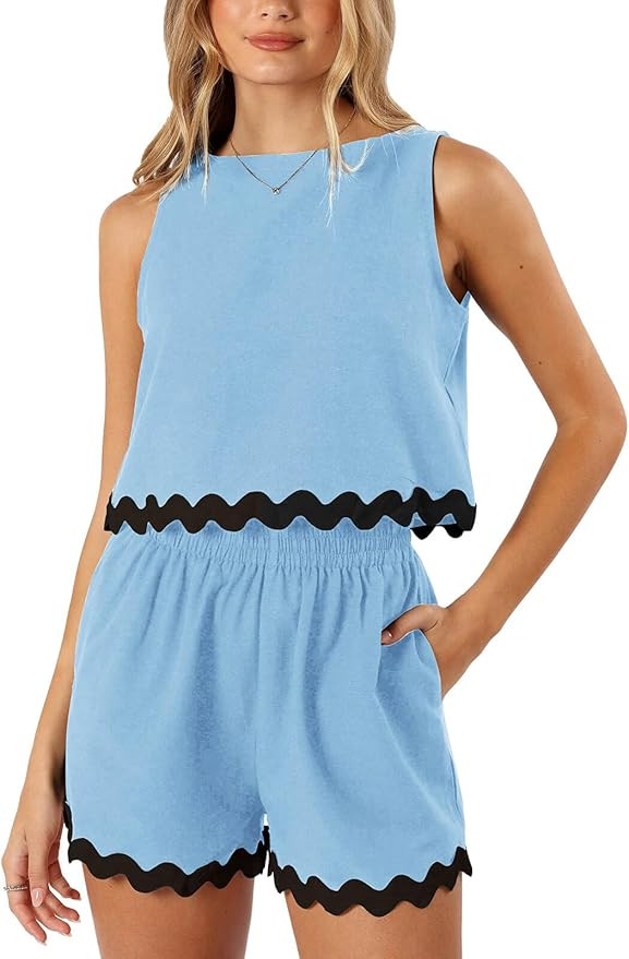 Tankaneo Womens 2 Piece Vacation Outfits Lounge Sets Casual Cropped Tank Tops Shorts Matching Set | Amazon (US)