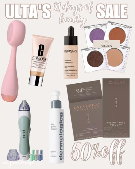 Ulta’s 21 days of beauty sale items for 3/29! 

Exuviance facial peels
Urban decay cosmetics 24/7 eyeshadow
Dermal off a daily glycolic cleansers 
Pmd personal microderm classic- microdermabrasion tool and clean pro rq 
Clinique moisture surge sheer tint spf 25 tinted moisturizer 
Dermablend flawless creator liquid foundation drops 

#LTKunder50 #LTKsalealert #LTKbeauty