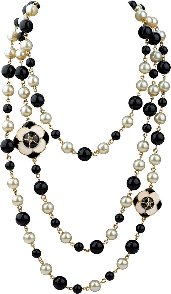 Designer Inspiration Long Double Pearl Strand Layered Camellia Flower Collar Necklace for Women, ... | Amazon (US)