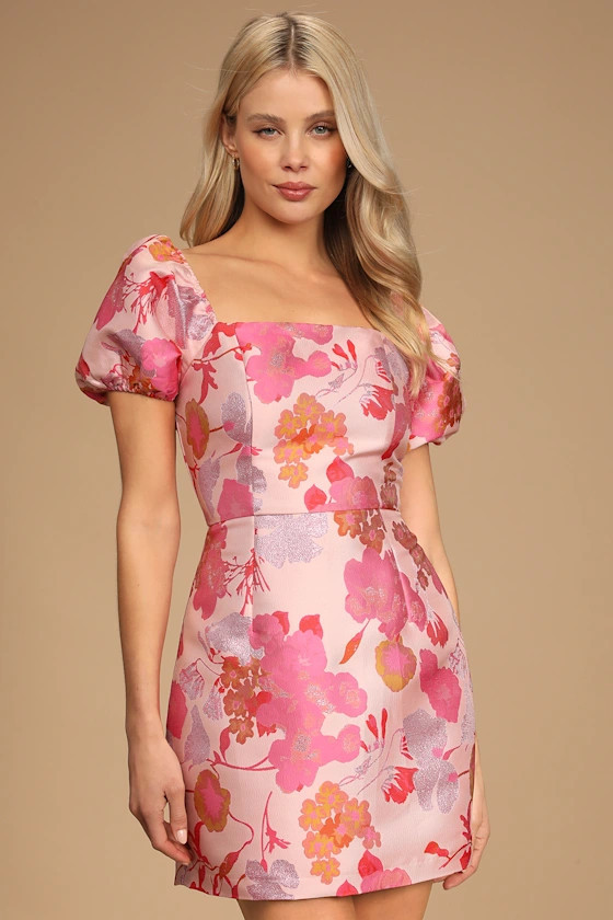 So Stunning Light Pink Floral Jacquard Puff Sleeve Mini Dres | Lulus