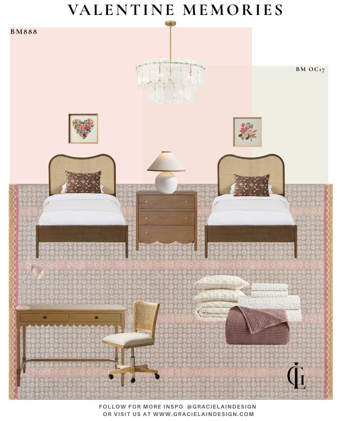 A sweet girl’s room, wrapped in Benjamin Moore’s Valentine Memories 888 — the softest blush that glows from morning light to bedtime stories. 🌸
Caned bedframes bring a touch of timeless charm, layered with the coziest, soft linens that invite slow mornings and sleepy snuggles. A perfectly playful plaid rug grounds the space, while scalloped details add that extra wink of whimsy. The cutest pink desk lamp casts a rosy glow for homework, doodles, and big imagination moments.
Overhead, an alabaster glass and brass chandelier floats like jewelry for the room — classic, warm, and just a little bit magical. Fun, personality-filled art ties it all together, creating a space that feels collected, joyful, and completely her own.
Every layer is thoughtful. Every detail feels special. A soft, pretty space designed to grow with her — and one any girl would absolutely love.
Discover more beautiful spaces at gracielaindesign.com ✨
#GracielainDesign #GirlsRoomInspo #BenjaminMoore #ValentineMemories888 #PinkPalette #CanedFurniture #ScallopedDetails #PlaidRug #CharmingSpaces #InteriorInspo #TimelessDesign #PrettyInPink #LayeredLiving 

 #LTKValentine #LTKHome #LTKSaleAlert