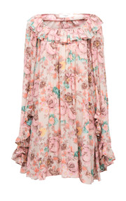 Bouquet-Printed Organic Silk Crepe De Chine Mini Cape Dress