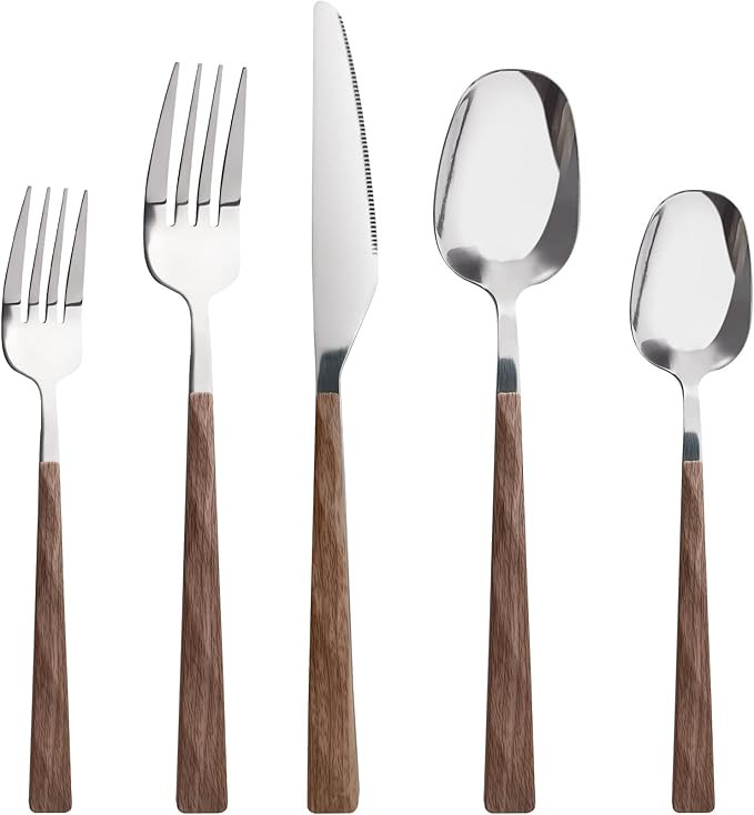Wooden Handle Silverware Set, 20PC Stainless Steel Color Handle Flatware, Retro Style Cutlery set... | Amazon (US)