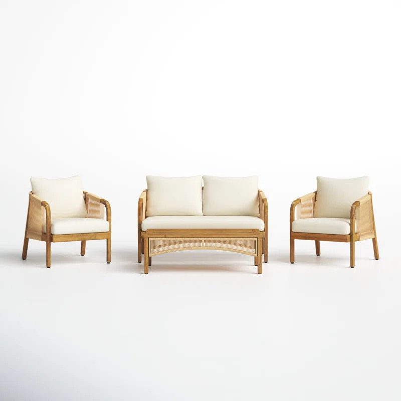 Fiora Outdoor Acacia Wood And Wicker Lounge Seating Group with Cushions | Wayfair Professional