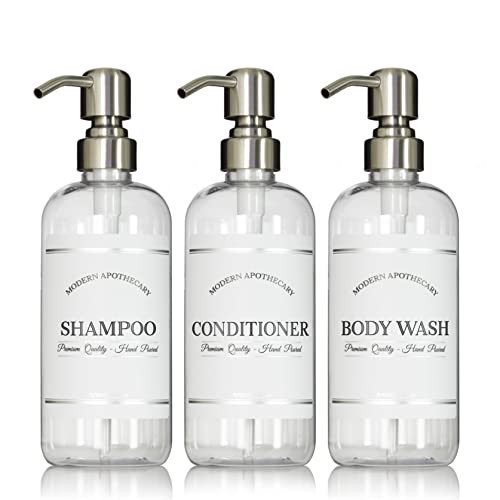 Clear Refillable Shampoo and Conditioner Bottles - Body Wash, Shampoo and Conditioner Dispenser - PET Plastic Shampoo Bottles Refillable with Pump - Waterproof Labels - 16 oz, 3 Pack (Stainless Steel) | Amazon (US)