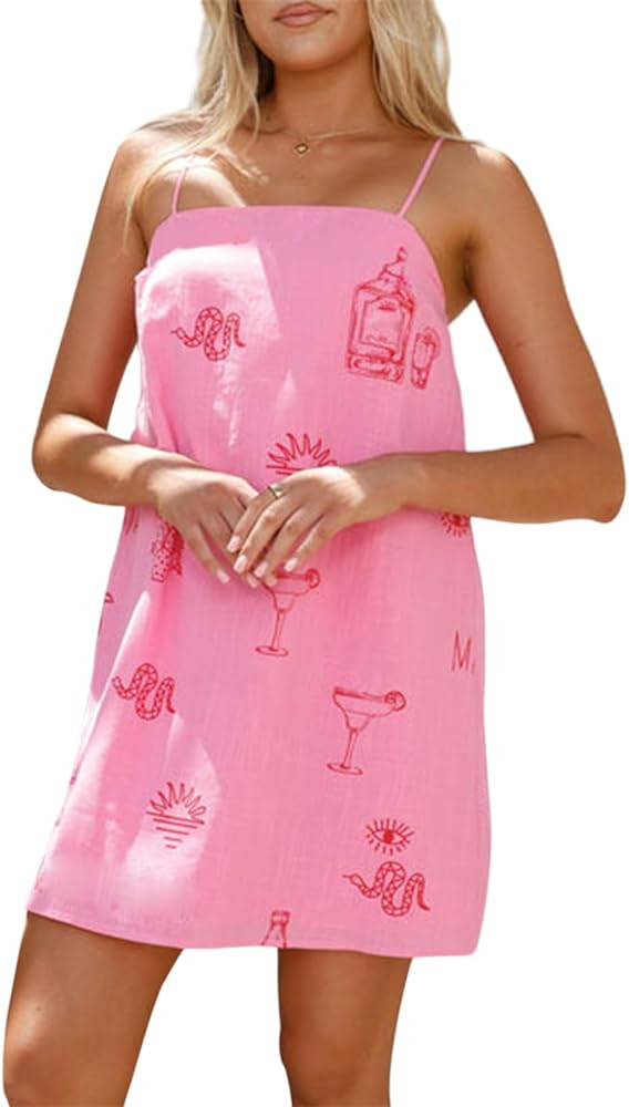 Women Graphic Mini Cami Dress Spaghetti Strap Floral Boho Short Dress Flowy Sundress Summer Holid... | Amazon (US)