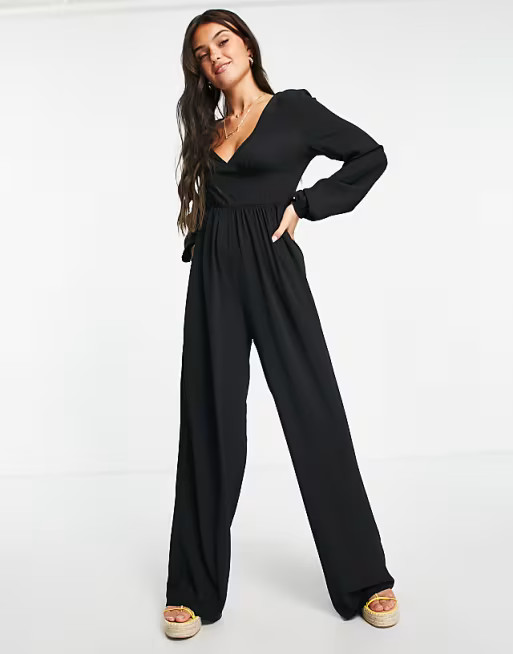 ASOS DESIGN bubble crepe button back long sleeve jumpsuit in black | ASOS (Global)