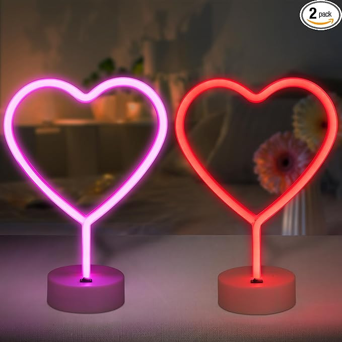 BRIGHTDECK 2 Pack Heart Neon Signs, LED Pink Heart Neon Lights Battery Operated or USB Powered De... | Amazon (US)