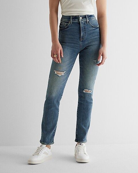 Super High Waisted Medium Wash Ripped '90s Slim Jeans | Express