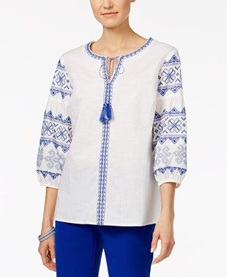 Charter Club Embroidered Peasant Top, Only at Macy's | Macys (US)